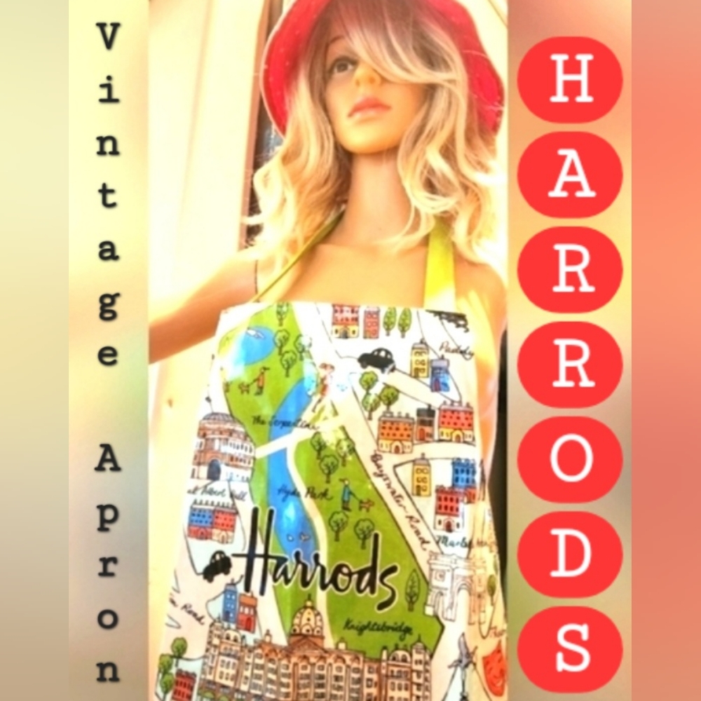 HARRODS Vtg London UK Map Dept Store Oil Cloth Easy Wipe Souvenir Tie Chef Apron